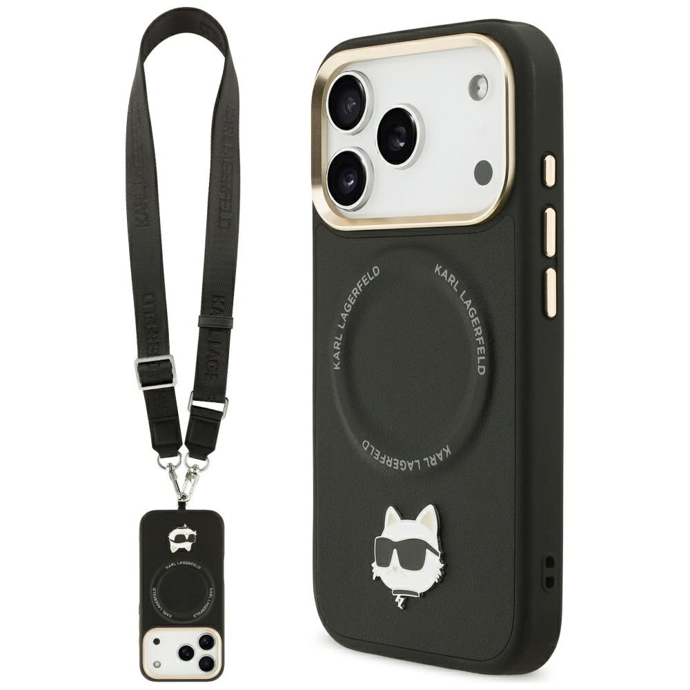 Karl Lagerfeld Big Strap Choupette metāla logotipa Magnētiskais viedtālruņa apvalks iPhone 17 Pro - melns
