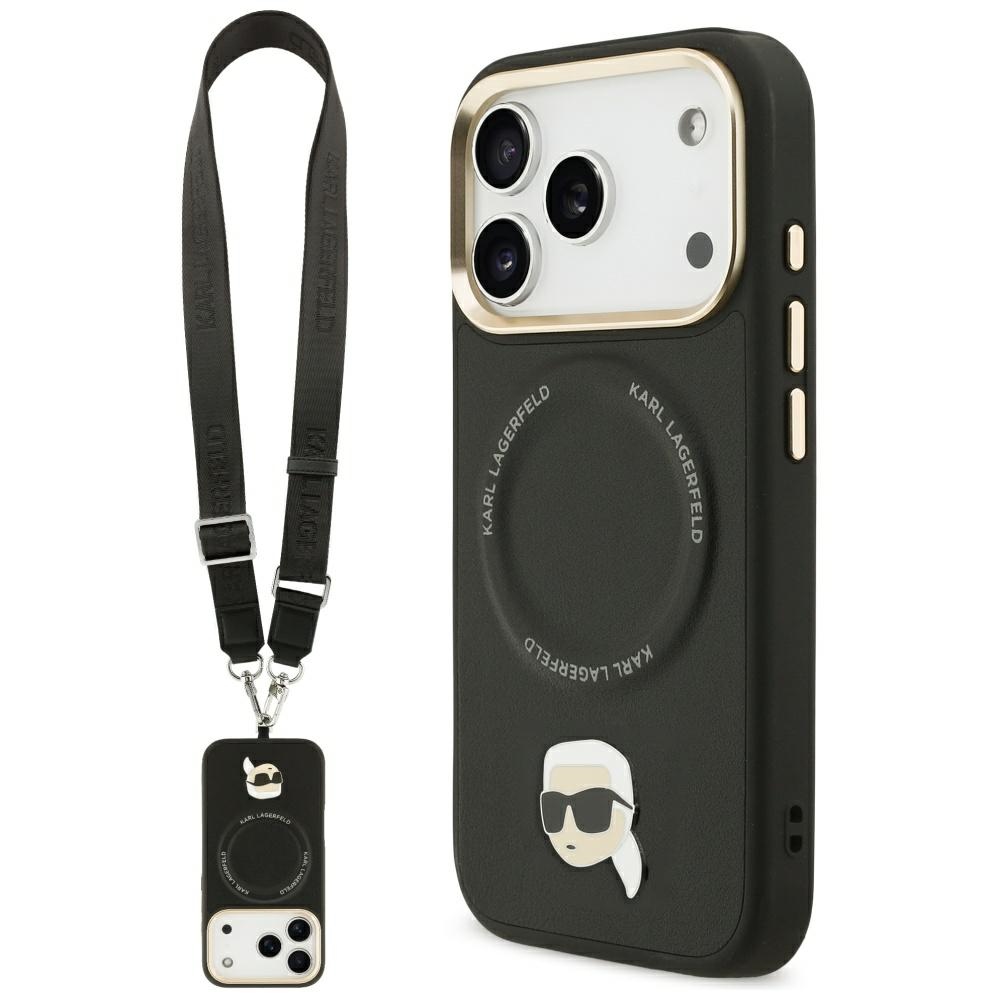 Karl Lagerfeld Big Strap Karl metāla logotipa Magnētiskais viedtālruņa apvalks iPhone 17 Pro - melns