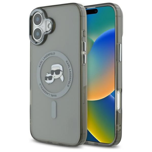 Karl Lagerfeld IML Metal Karl&Choupette Head magnētiskais viedtālruņa apvalks iPhone 16 Plus - melns