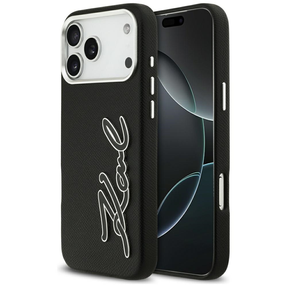 Karl Lagerfeld FW graudainas Signature Logo viedtālruņa apvalks iPhone 17 Pro Max – melns