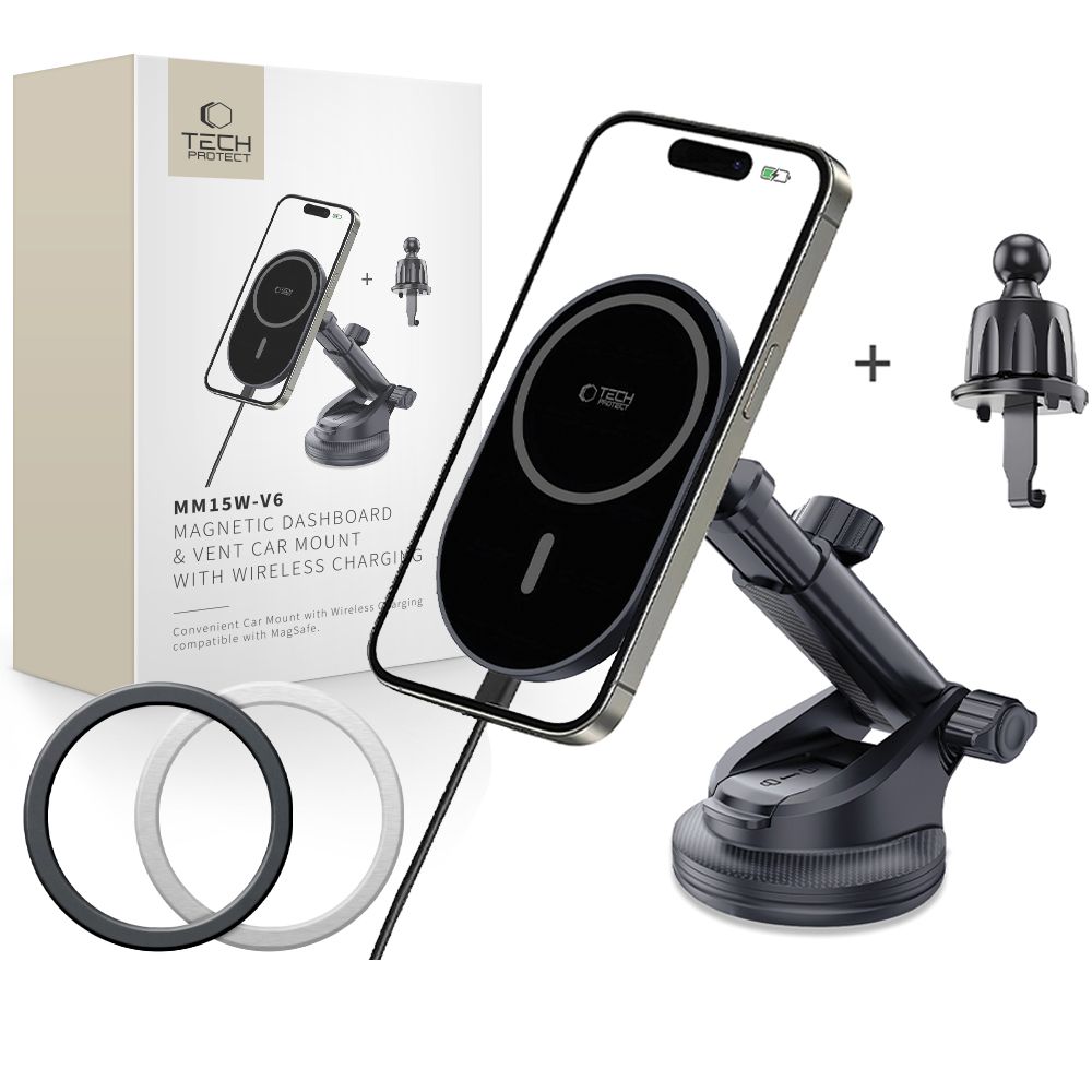 Tech-Protect mm15W-V6 magnētiskais MagSafe auto turētājs panelim/stiklam/ventilācijai melns