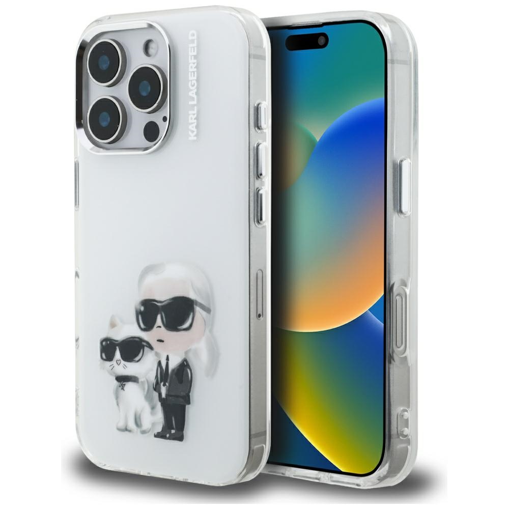 Karl Lagerfeld IML Aquarelle Karl & Choupette & Logo macins iPhone 16 Pro Max - balts