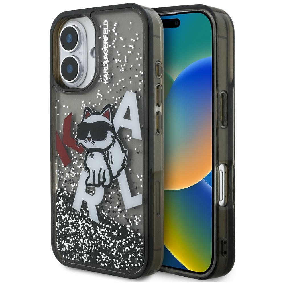 Karl Lagerfeld Liquid Glitter Choupette Logo iPhone 16 macins - melns