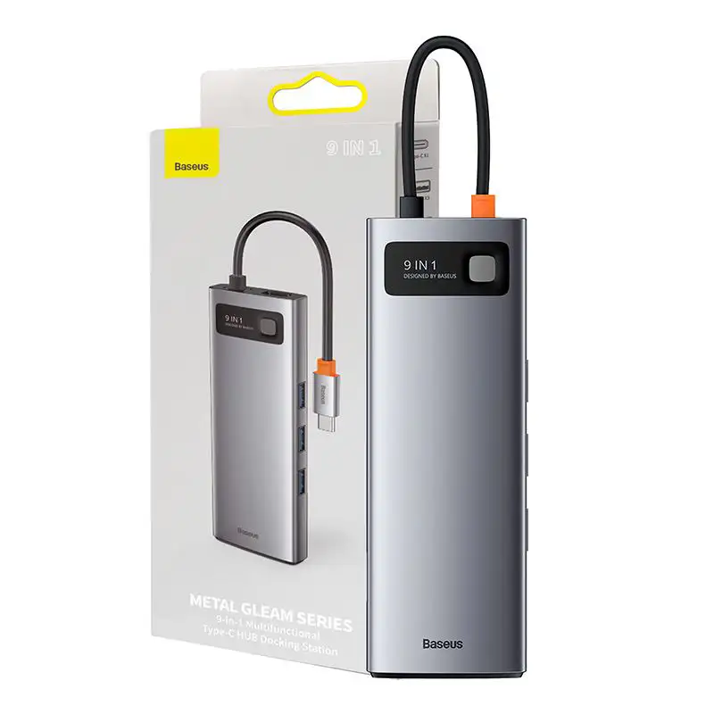 Hub 9in1 Baseus Metal Gleam sērija, USB-C uz 3x USB 3.0 + HDMI + USB-C PD + Ethernet RJ45 + microSD/SD + VGA