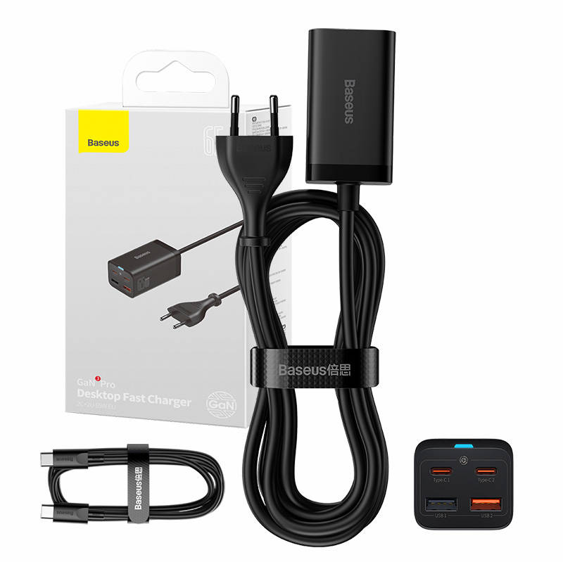 Ātrais lādētājs Baseus GaN3 Pro, 2x USB-C, 2x USB, 65W (melns)