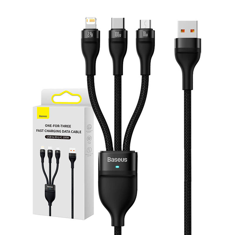 3in1 USB kabelis Baseus Flash Series, USB-C + micro USB + Lightning, 100W, 1.2m (melns)
