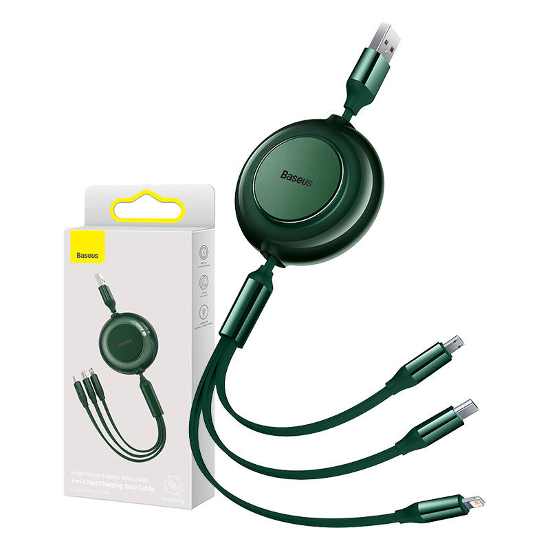 Baseus Bright Mirror 2, USB 3-in-1 kabelis micro USB / USB-C / Lightning 3,5A 1,1 m (zaļš)
