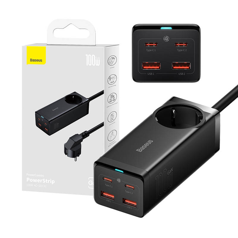 Baseus GaN3 Pro sienas lādētājs / pagarinātājs 2xUSB + 2xUSB-C + AC, 100W (melns)