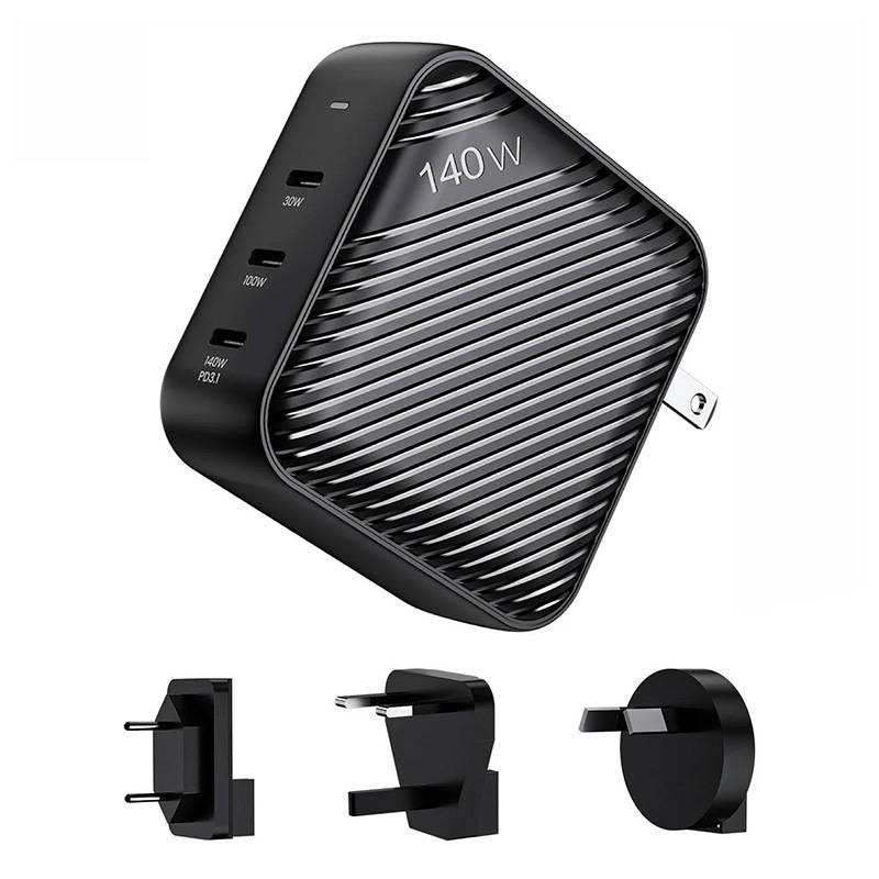 Sienas lādētājs INVZI GanHub 3x USB-C, 140W, EU/UK/AU/US (melns)