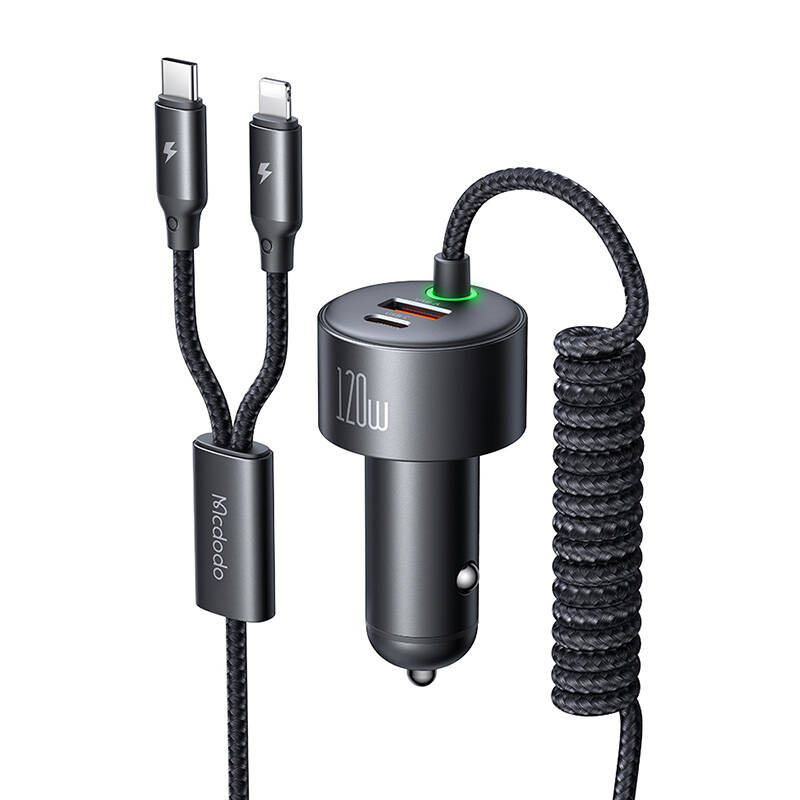 Mcdodo CC-0370 automašīnas lādētājs, USB-C, Lightning, 120W, ar ievilkamiem kabeļiem