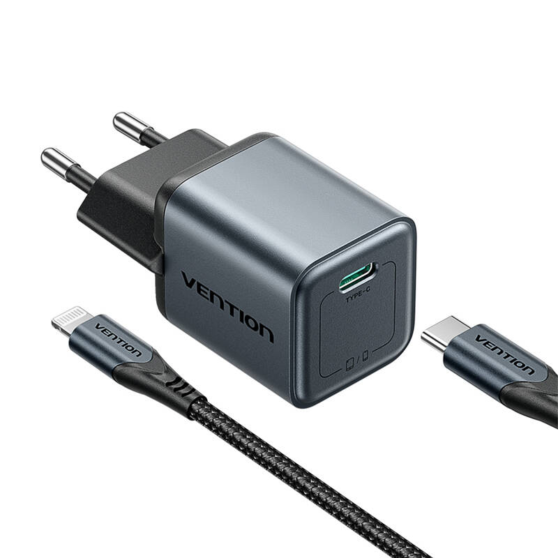 GaN Vention USB-C 20W lādētājs + USB-C-L 1m kabelis (pelēks)