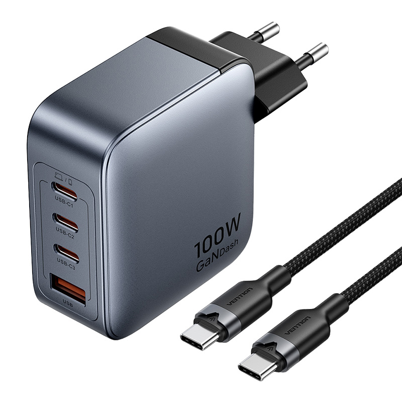 Vention strāvas lādētājs 3x USB-C, 1x USB-A (100W/100W/30W/30W) (pelēks) ar USB-C uz USB-C kabeli (1m) (melns)
