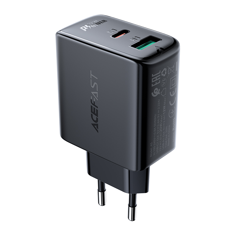 Acefast sienas lādētājs USB Type C / USB 32W, PPS, PD, QC 3.0, AFC, FCP melns (A5 melns)