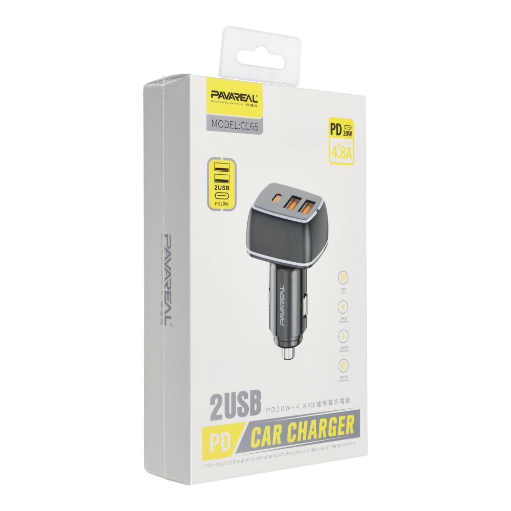 PAVAREAL auto lādētājs 2 x USB A + Type C PD 4,8A 20W PA-CC65 balts