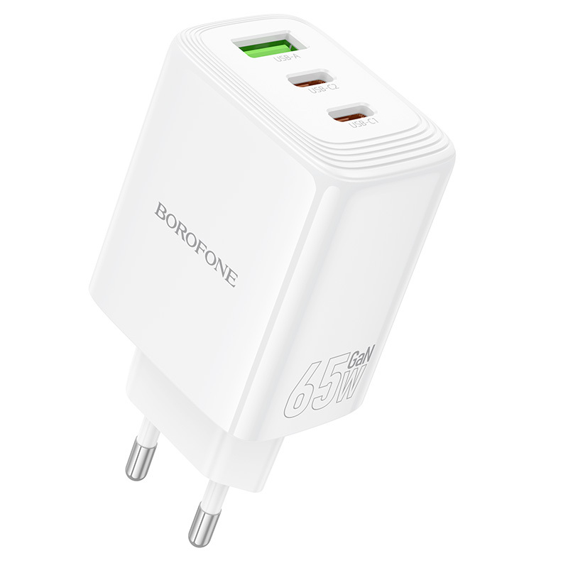 Borofone sienas lādētājs BN32 Cargador GaN - USB + 2xType C - QC 3.0 PD 65W balts