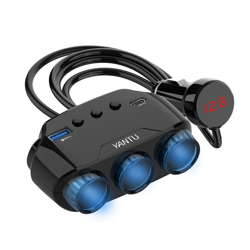 Auto cigarešu aizdedzinātāja ligzdas sadalītājs LM21 - 3 ligzdas + USB + Type C - QC 3.0 PD 3A 122W ar displeju un kabeli