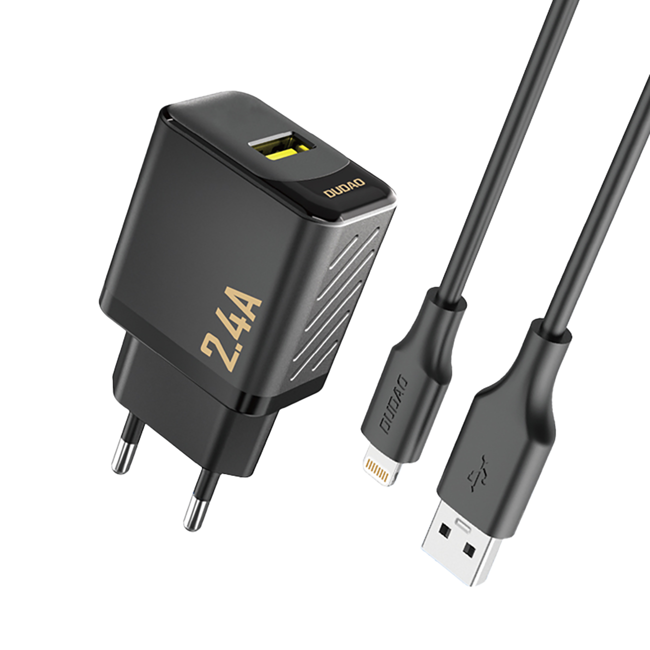 Dudao A23LEU 2.4A GaN EU USB-A Wall Lādētājs with USB-A to Lightning Kabelis - Melns