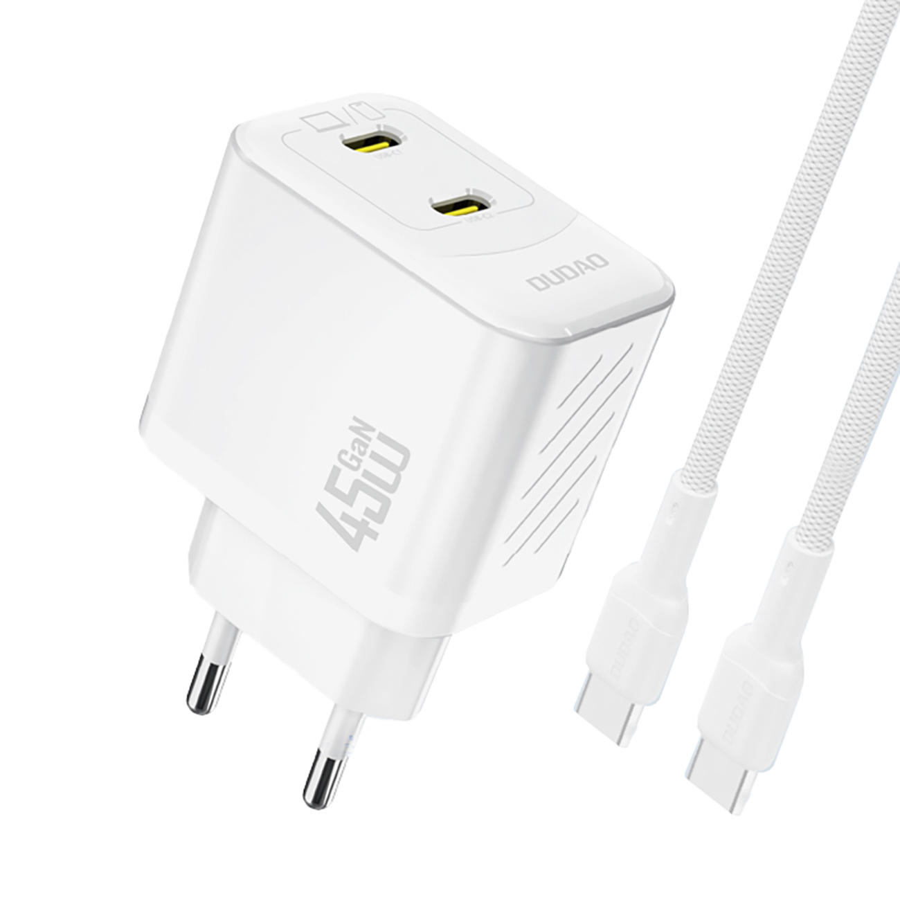 Dudao A28PCEU PD 45W GaN 2xUSB-C Wall Lādētājs with USB-C Kabelis - Balts