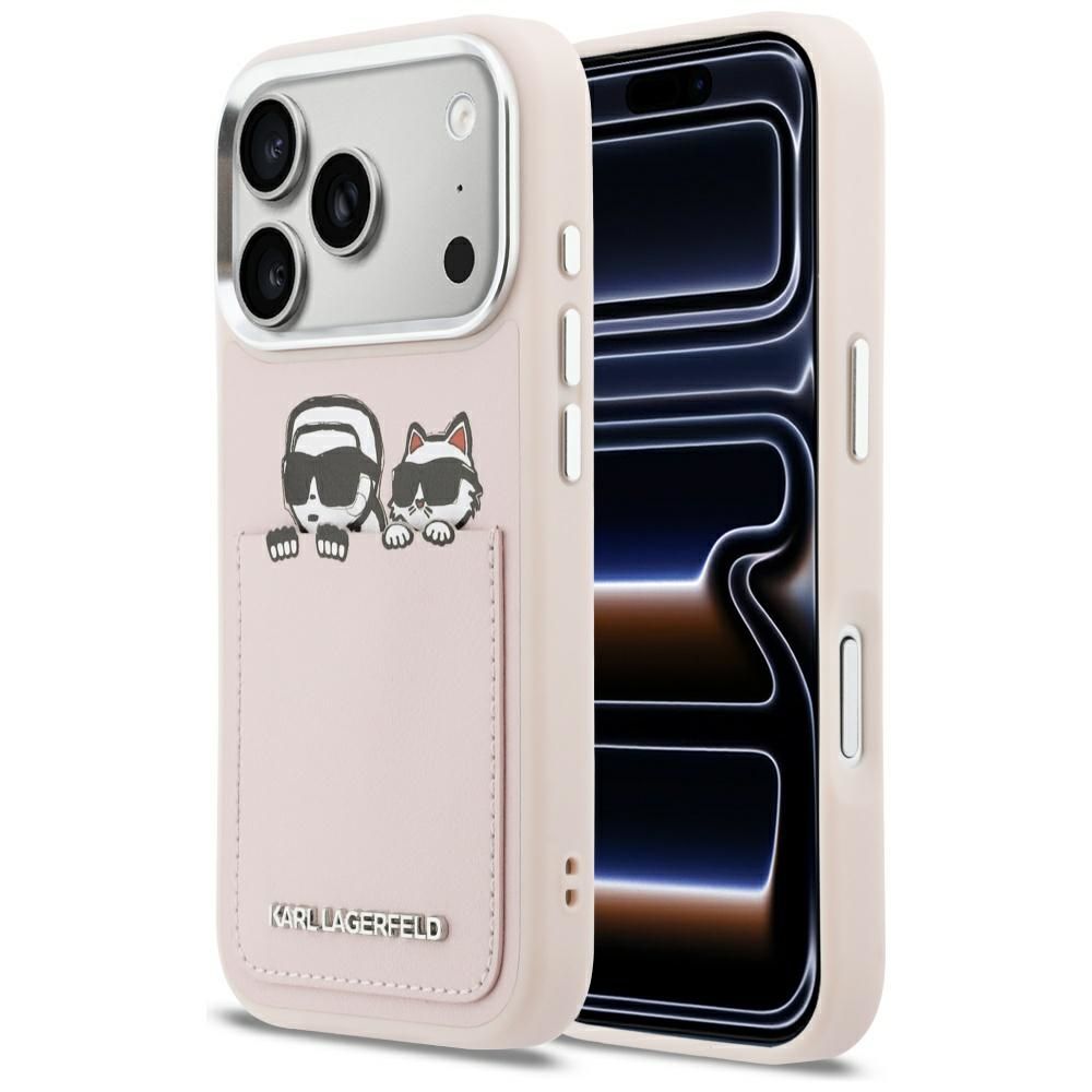 Karl Lagerfeld Karl & Choupette Print & Pocket Case priekš iPhone 17 Pro - Rozā krāsā