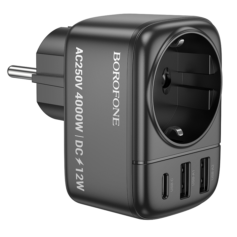 Borofone Sienas lādētājs BAC14 Wide - 2xUSB + C tipa + kontaktligzda - 12 W melns