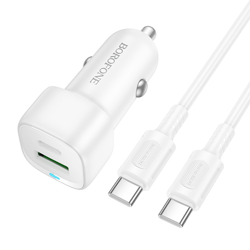 Borofone Auto lādētājs BZ34B Cloud - USB + C tipa lādētājs - QC 3.0 PD 38W ar C tipa vadu uz C tipa lādētāju balts