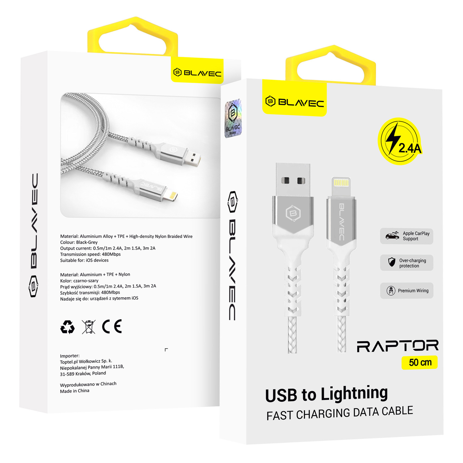 Blavec kabelis Raptor - USB uz Lightning - 2,4A 0,5 m Apple CarPlay (CRA-UL24WS05), balts-sudrabots