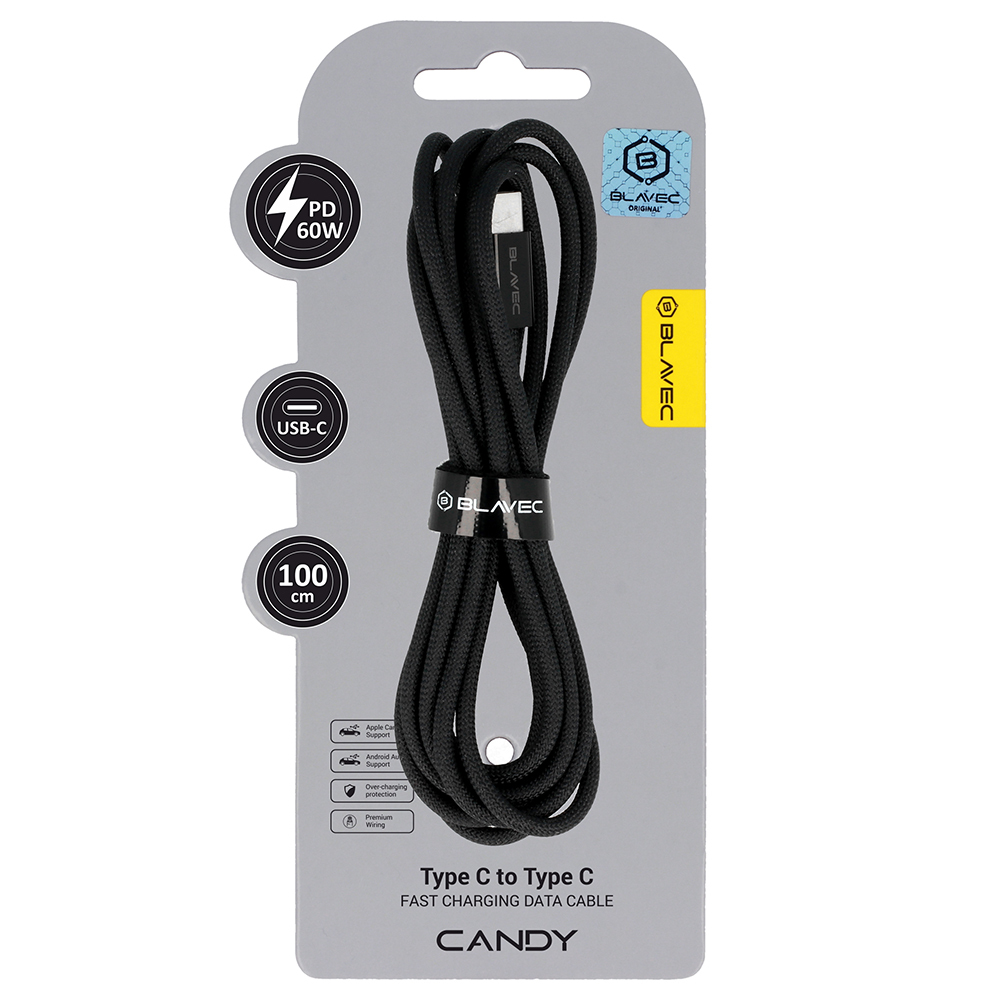 Blavec Candy kabelis ar C tipa oploti - no C tipa uz C tipa - PD 60W 3A 1 metrs Apple CarPlay/Android Auto (CCA-CC3B10) melns