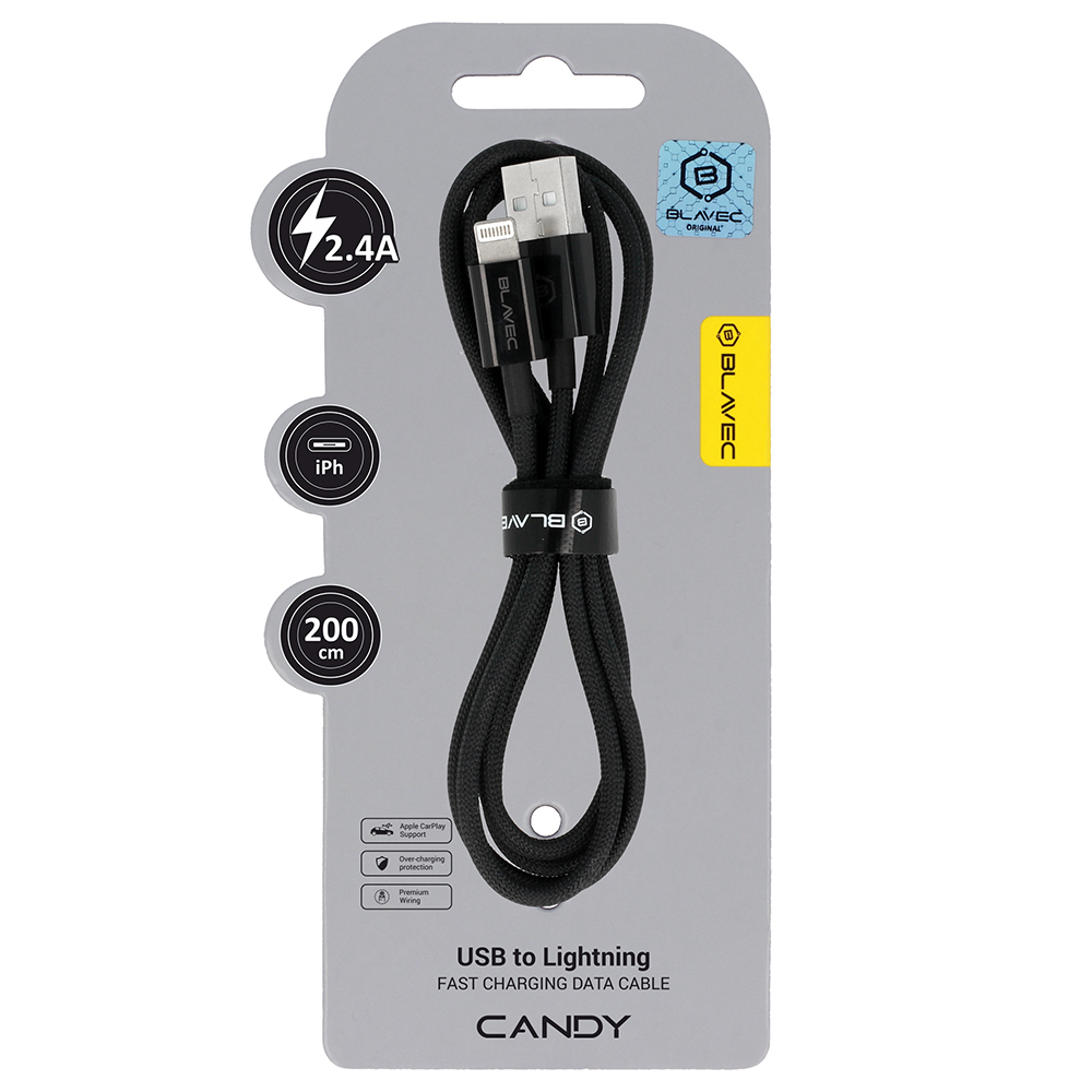 Blavec Kabeļa Candy pīts - USB uz Lightning - 2,4A 2 metri Apple CarPlay (CCA-UL24B20) melns