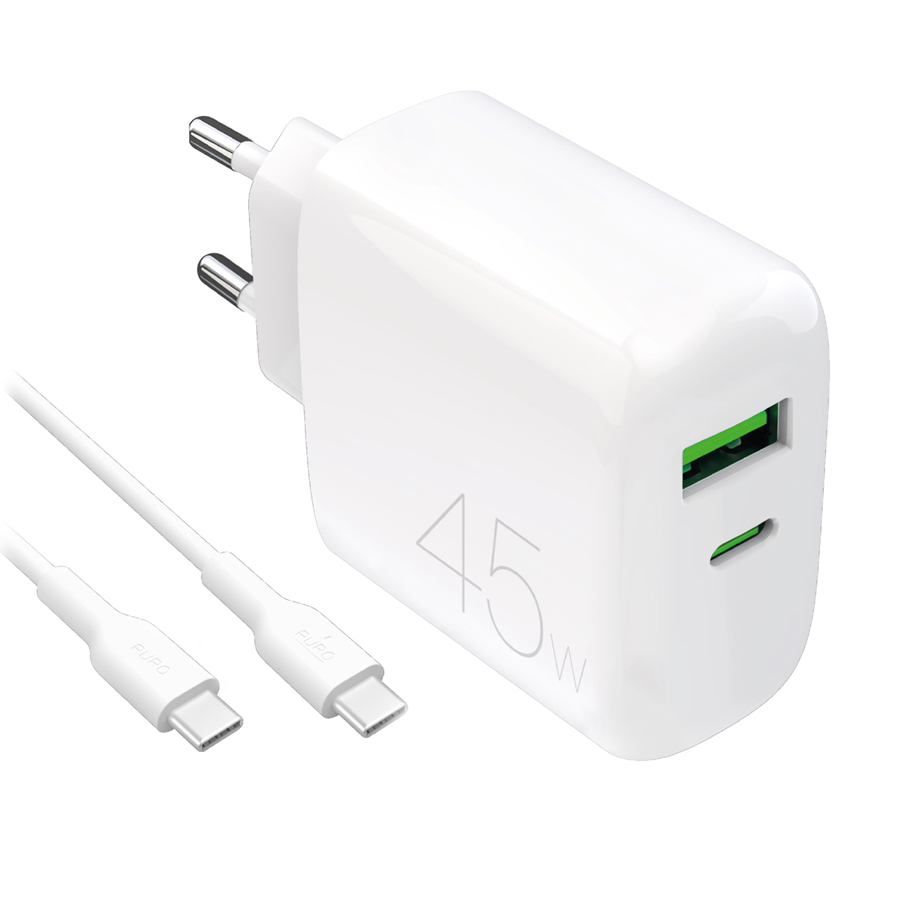 Puro Daily Prolite 45W USB-C USB-A Power Delivery lādētājs ar USB-C kabeli - balts