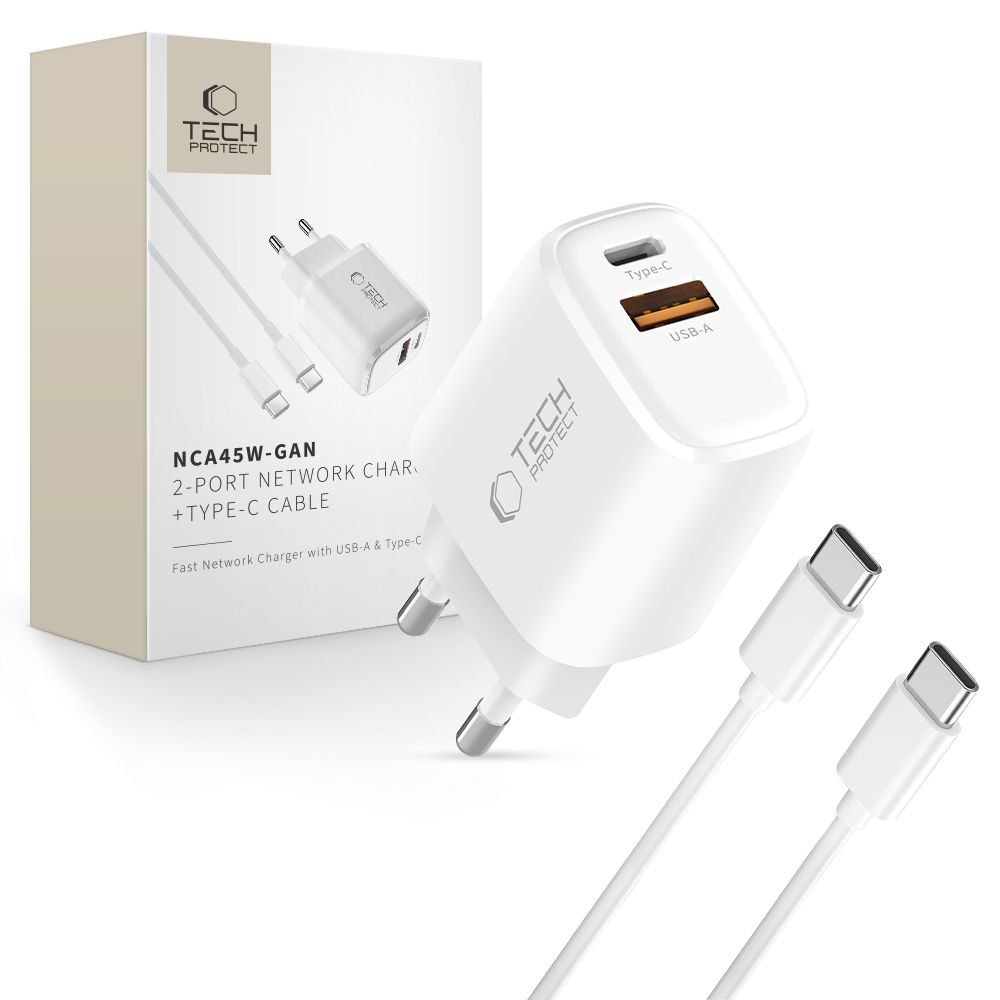 Tech-Protect NCA45W-GAN 2 portu 45 W sienas lādētājs ar USB-C kabeli - balts