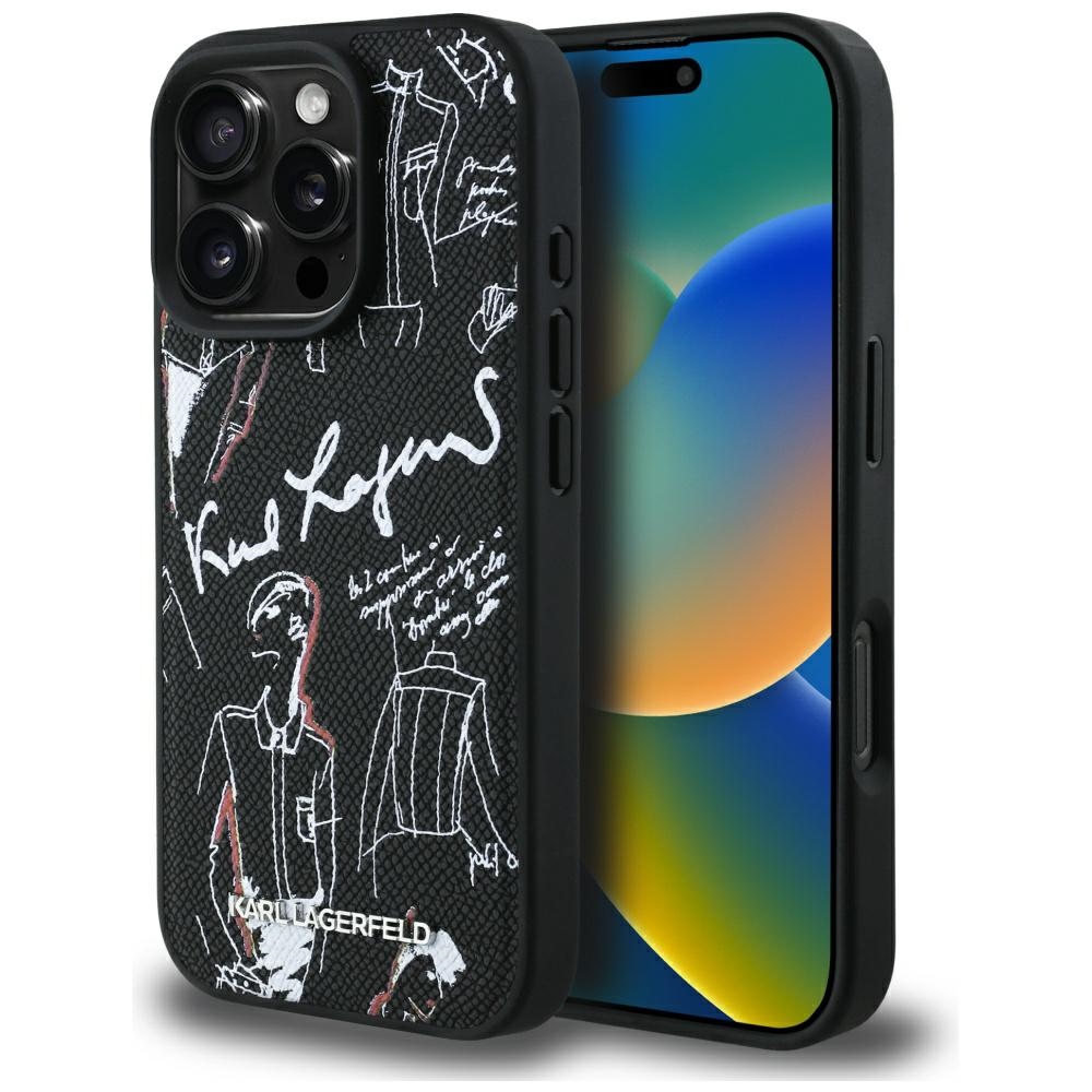 Karl Lagerfeld Grained Pattern & Logo MagSafe Maciņš for iPhone 16 Pro Max - melns