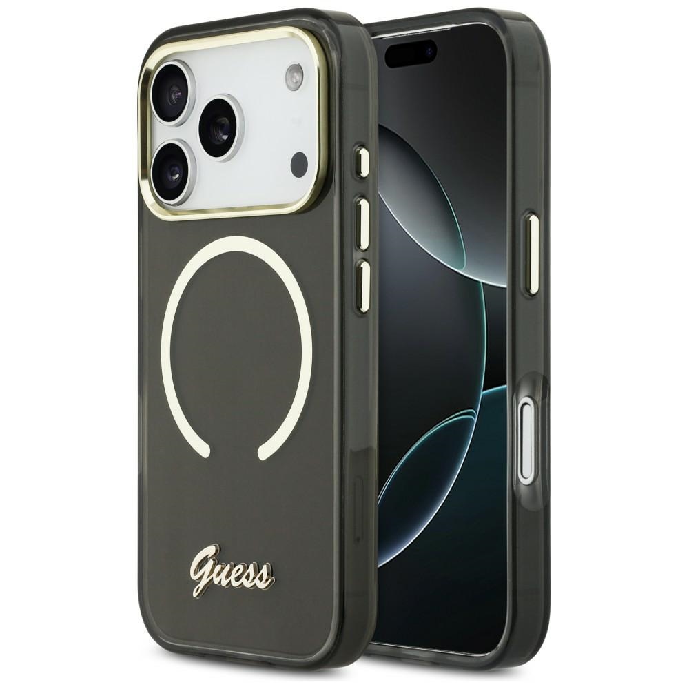 Guess IML Script Metal MagSafe Maciņš for iPhone 17 Pro Max - melns