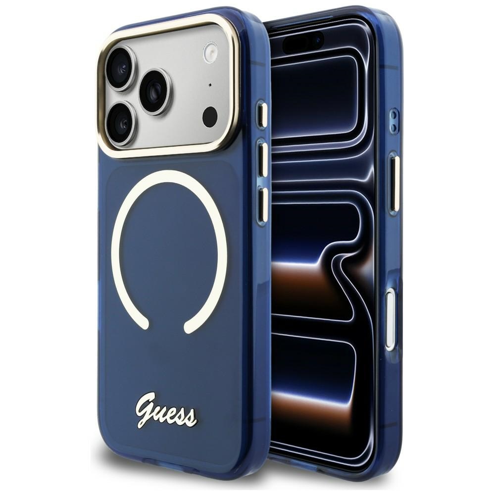 Guess IML Script Metal MagSafe Maciņš for iPhone 17 Pro - zils