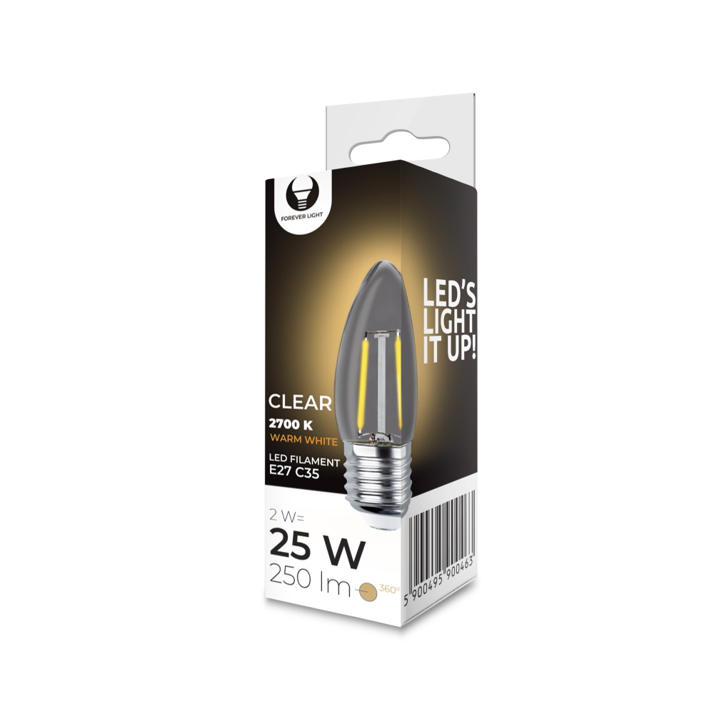 LED Bulb Filament E27 C35 2W 230V 2700K 250lm COG clear Forever Light
