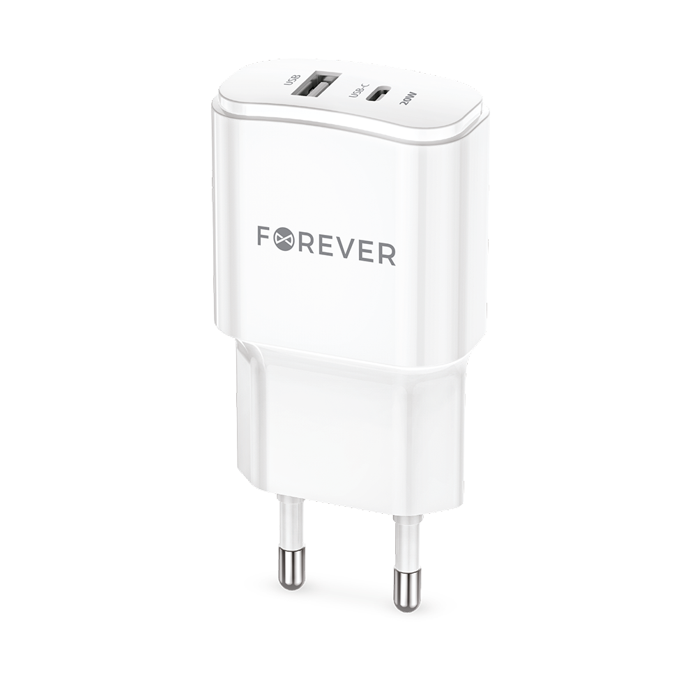 Forever TC-01-20AC PD QC lādētājs 1x USB-C 1x USB 20W balts