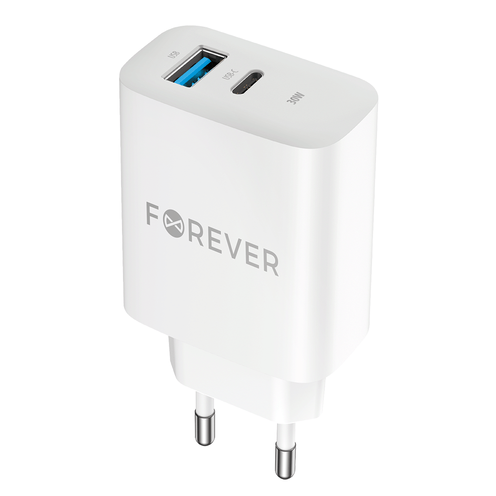 Forever TC-07-30AC PD QC lādētājs 1x USB-C 1x USB 30W balts