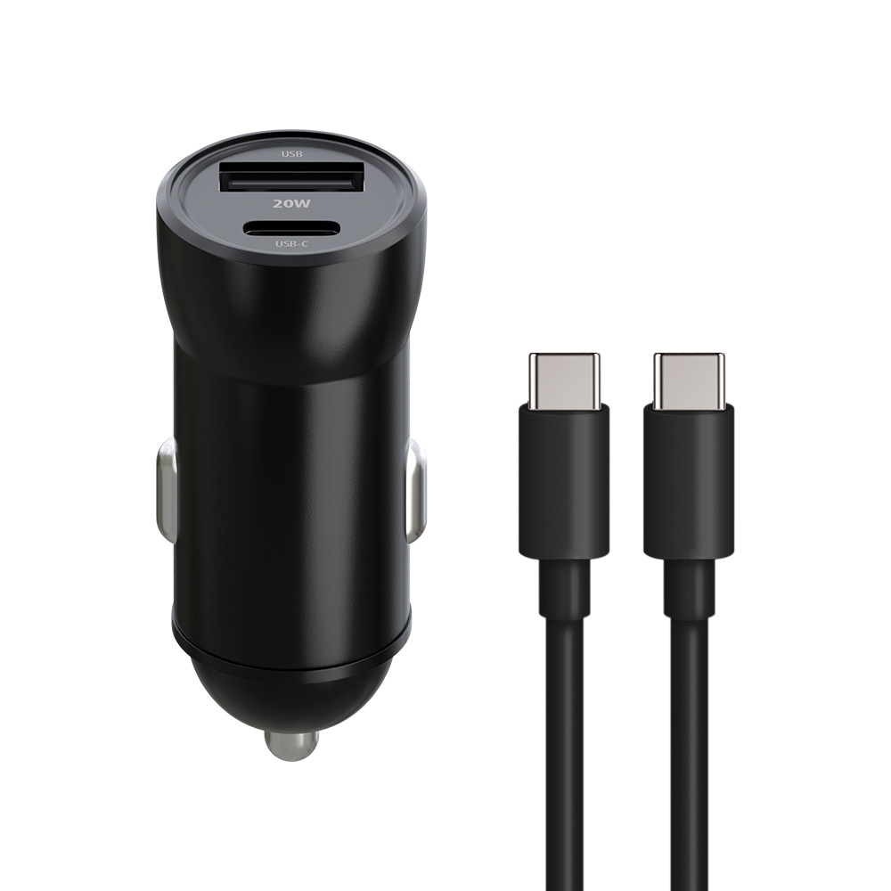 Maxlife MXCC-04 PD QC auto lādētājs 1x USB-C 1x USB 20W melns + USB-C - USB-C kabelis 60W