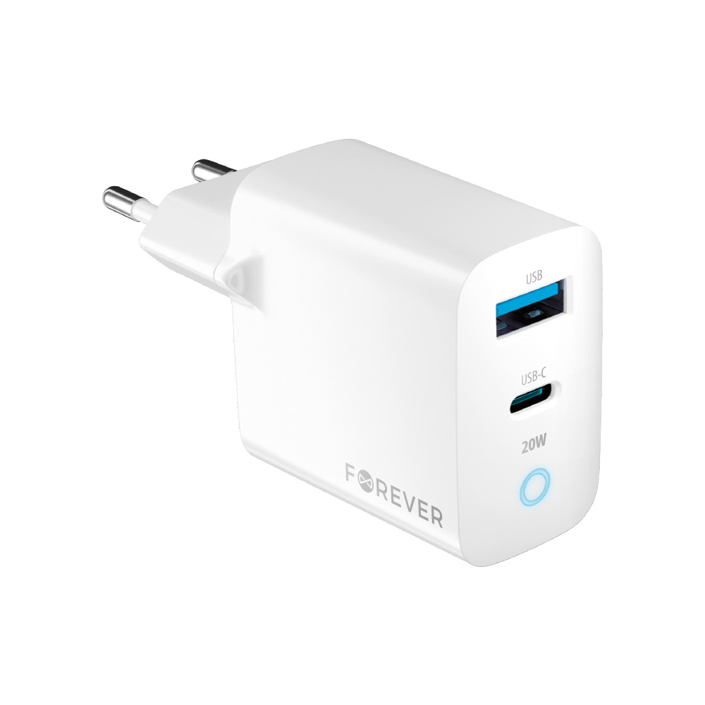 Forever TC-06-20AC PD QC lādētājs 1x USB-C 1x USB 20W balts
