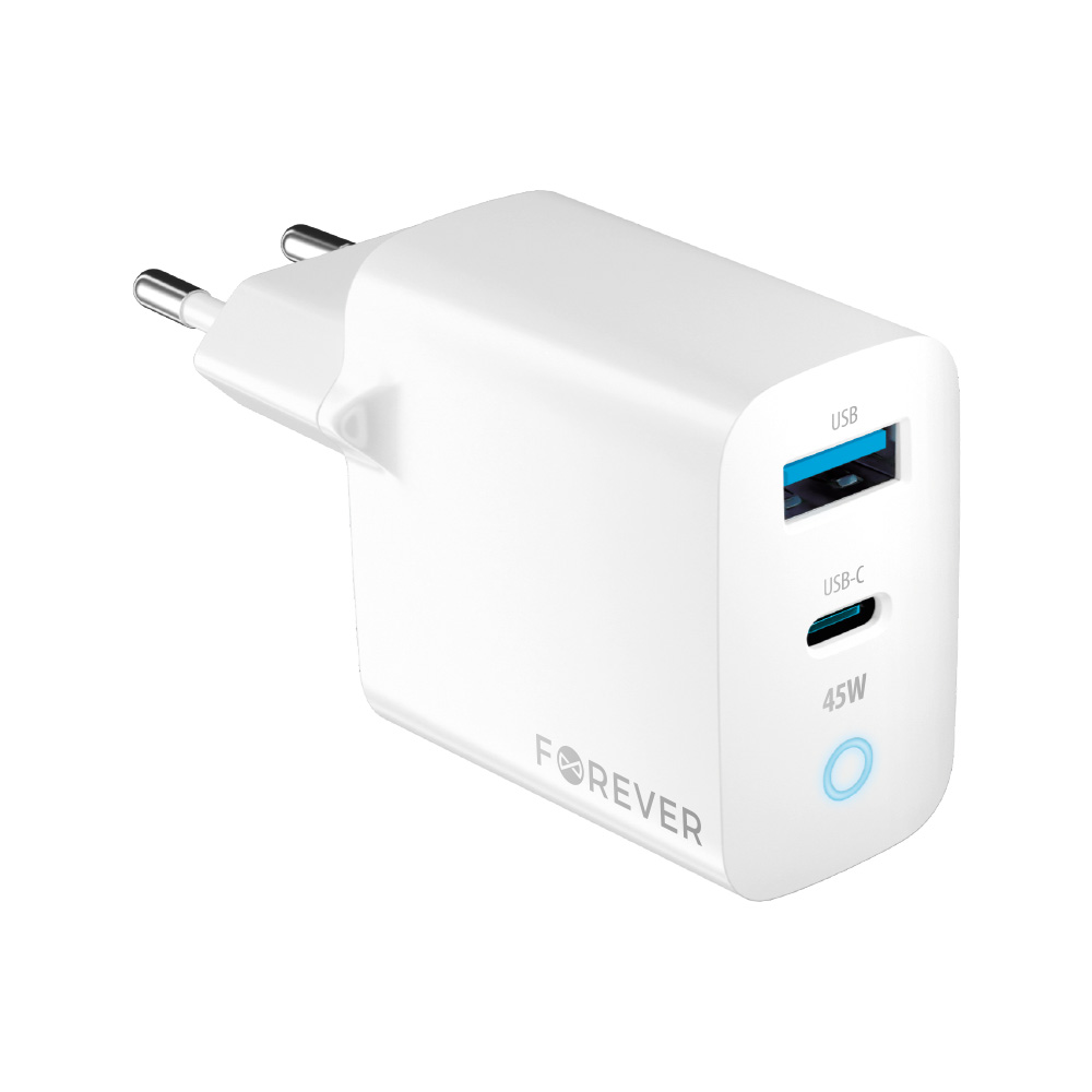 Forever TC-06-45AC GaN PD QC lādētājs 1x USB-C 1x USB 45W balts