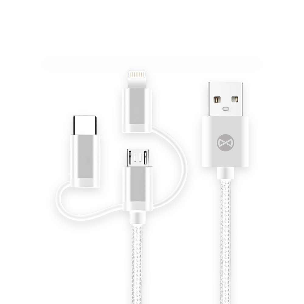 Forever 3in1 kabelis USB - Lightning + USB-C + microUSB 1,0 m 1,5A balts