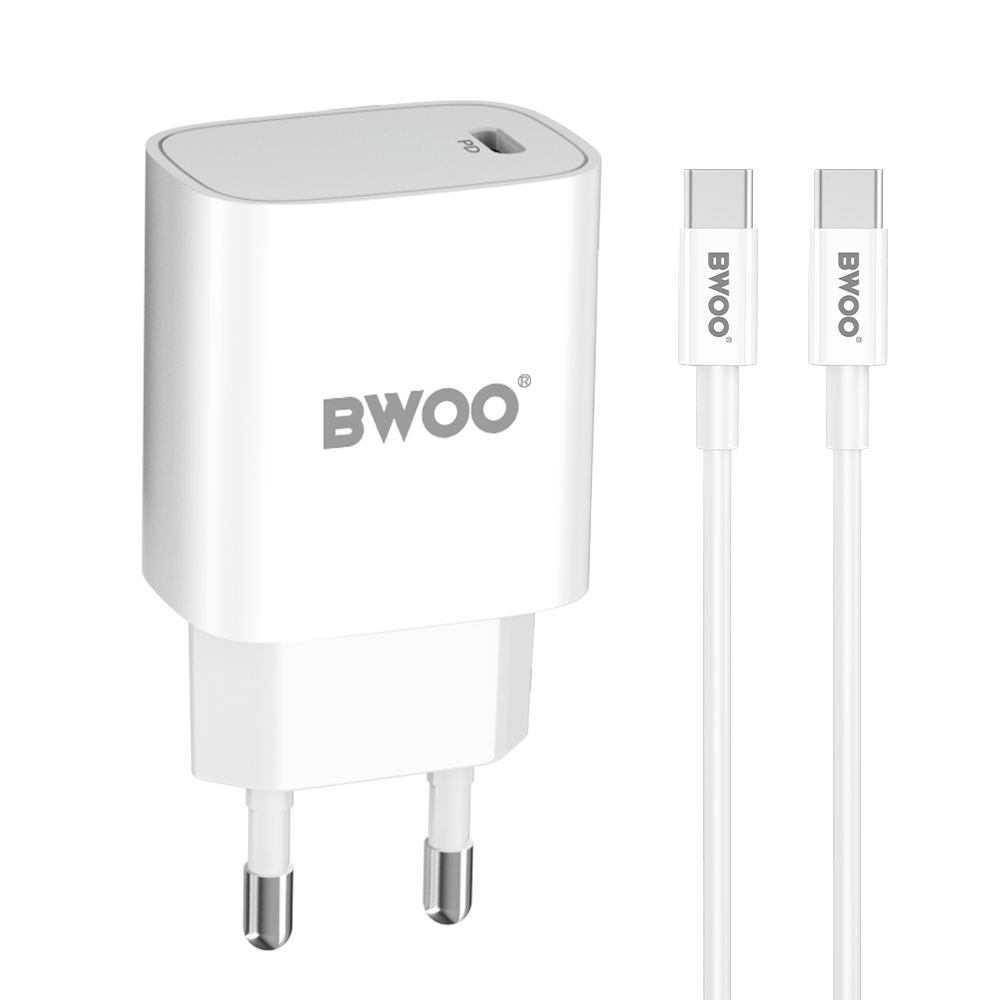 BWOO CDA159 PD wall lādētājs 20W 1x USB-C port + USB-C balts