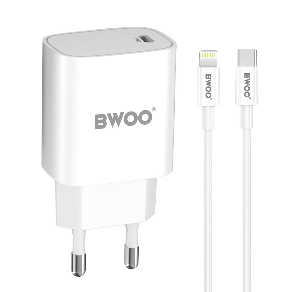 BWOO CDA159 PD sienas lādētājs 20W 1x USB-C ports + Lightning balts