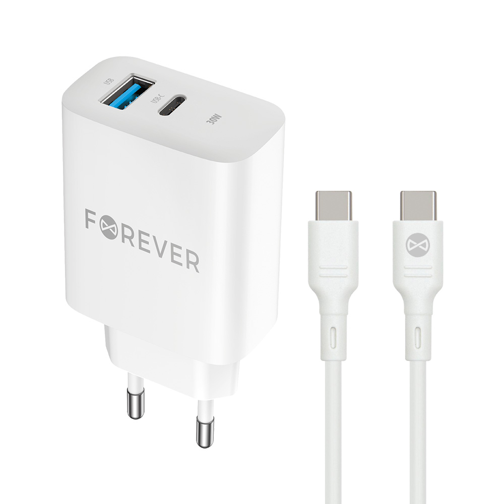 Forever TC-07-30AC PD QC lādētājs 1x USB-C 1x USB 30W balts + USB-C - USB-C kabelis 60W