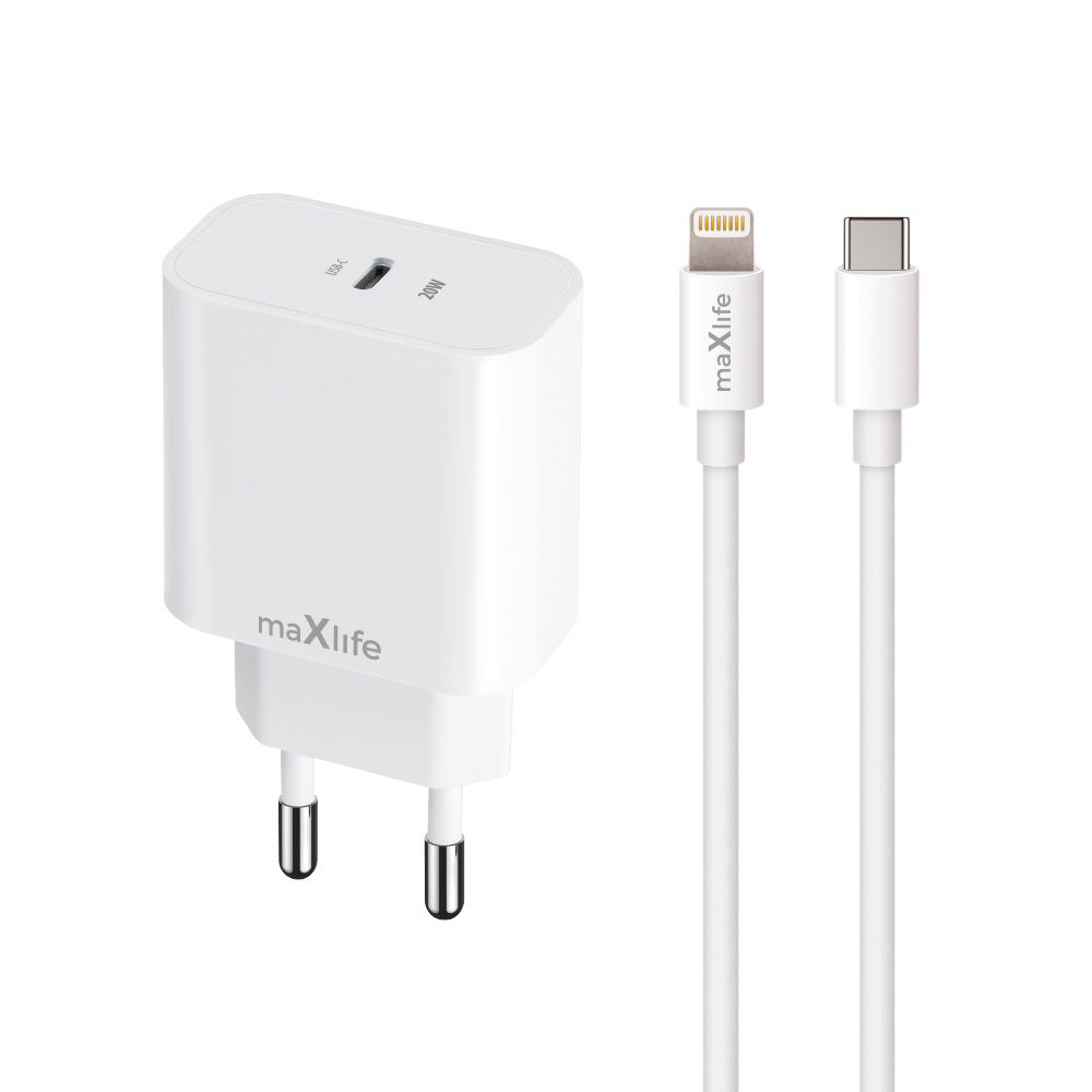 Maxlife MXTC-06-20C PD QC lādētājs 1x USB-C 20W balts + USB-C - Lightning kabelis 20W