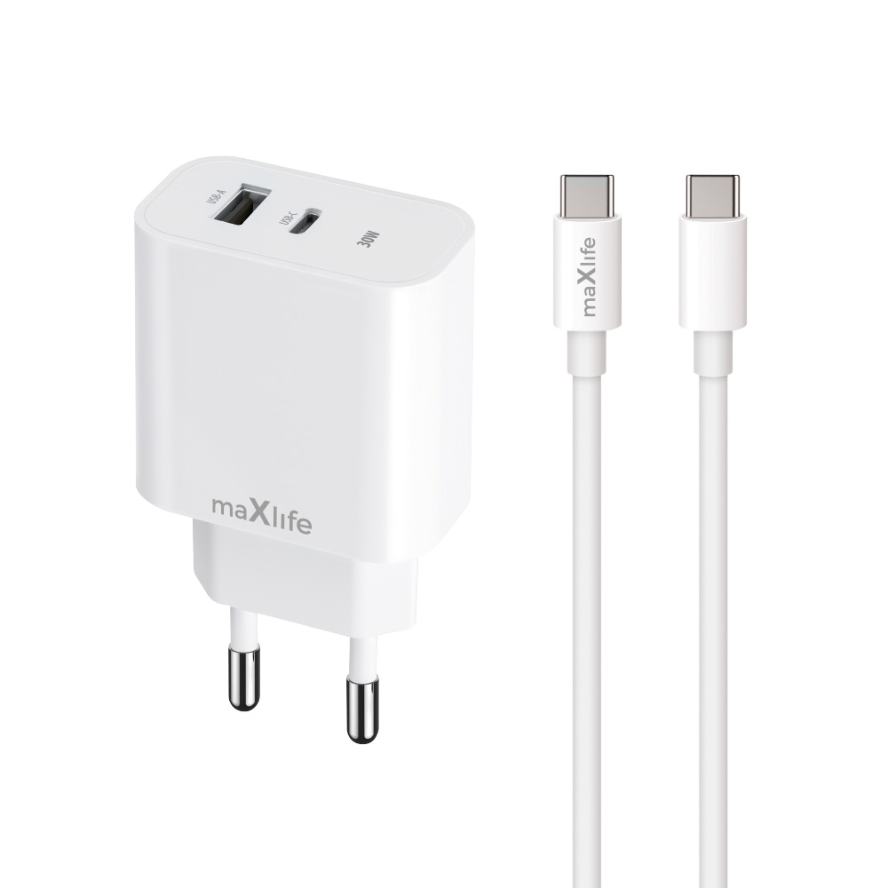 Maxlife MXTC-06-30AC PD QC lādētājs 1x USB-C 1x USB 30W balts + USB-C - USB-C kabelis 60W