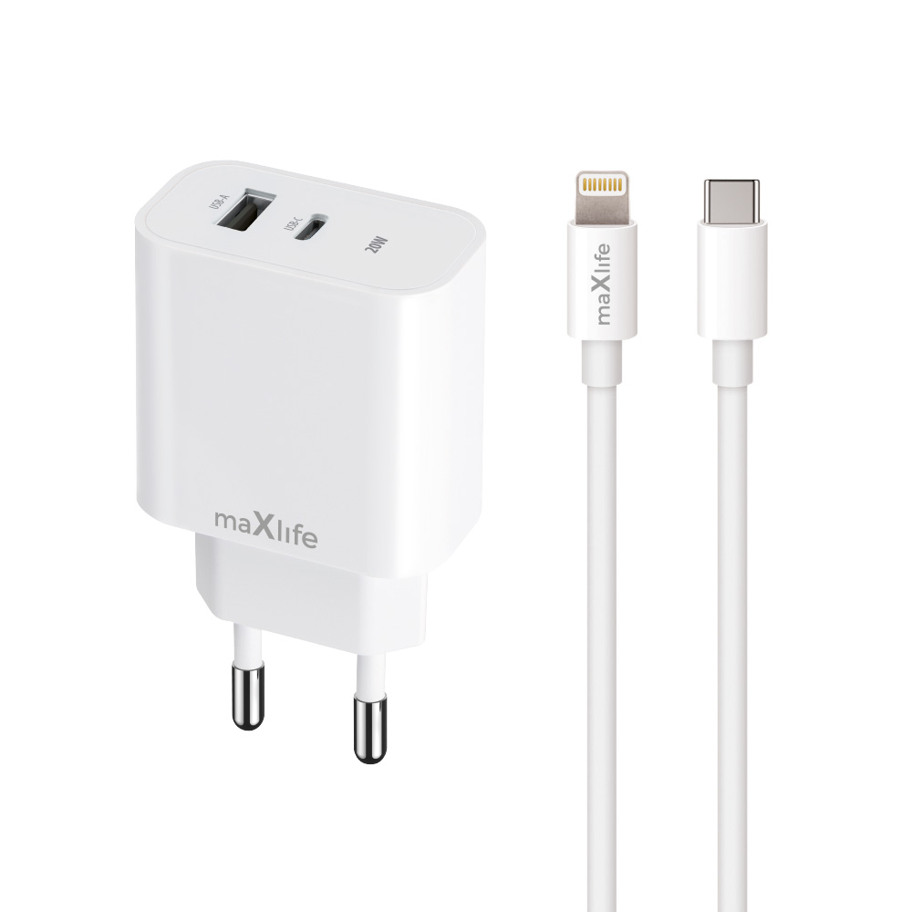 Maxlife MXTC-06-20AC PD QC lādētājs 1x USB-C 1x USB 20W balts + USB-C - Lightning kabelis 20W