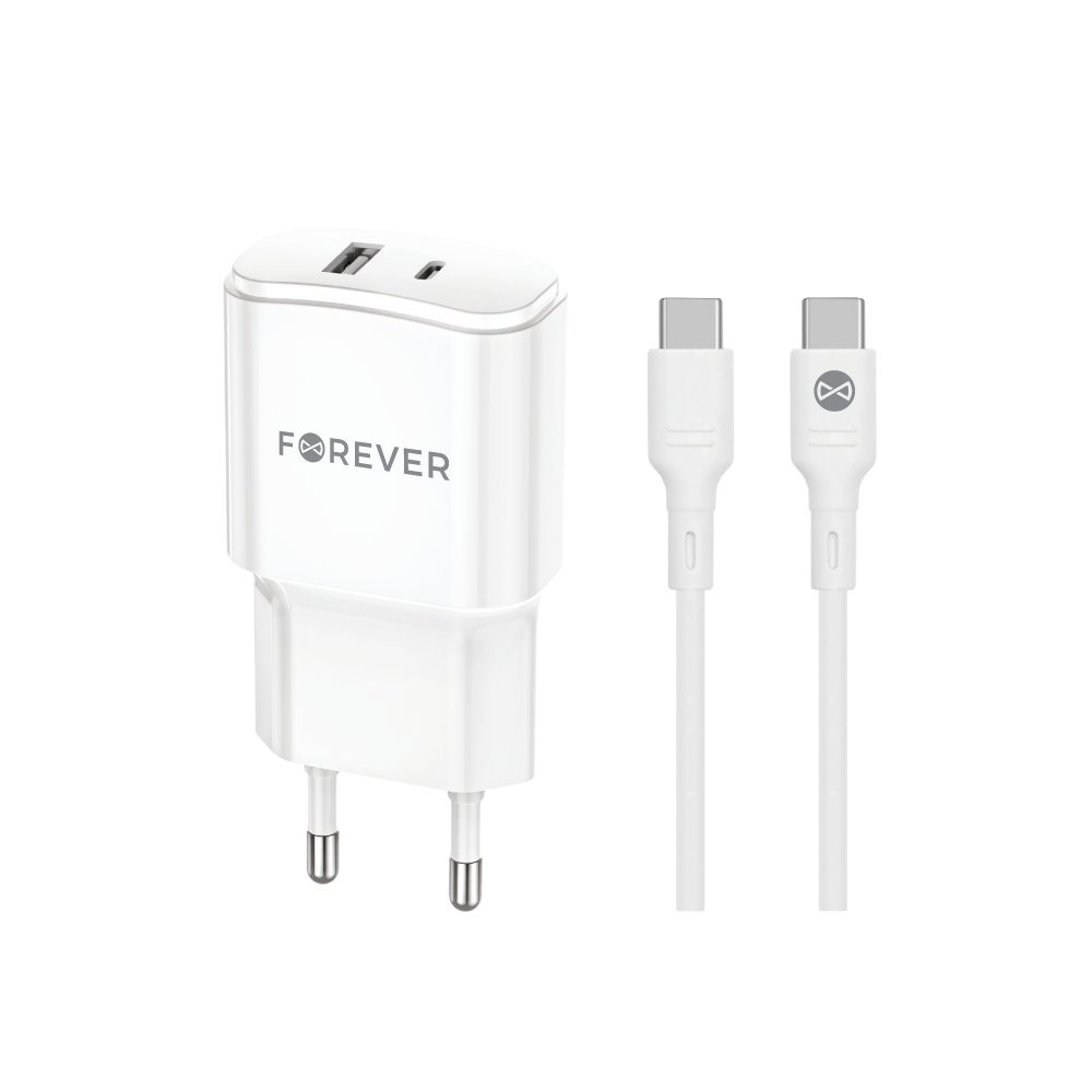 Forever TC-01-20AC PD QC lādētājs 1x USB-C 1x USB 20W balts + USB-C - USB-C kabelis 20W