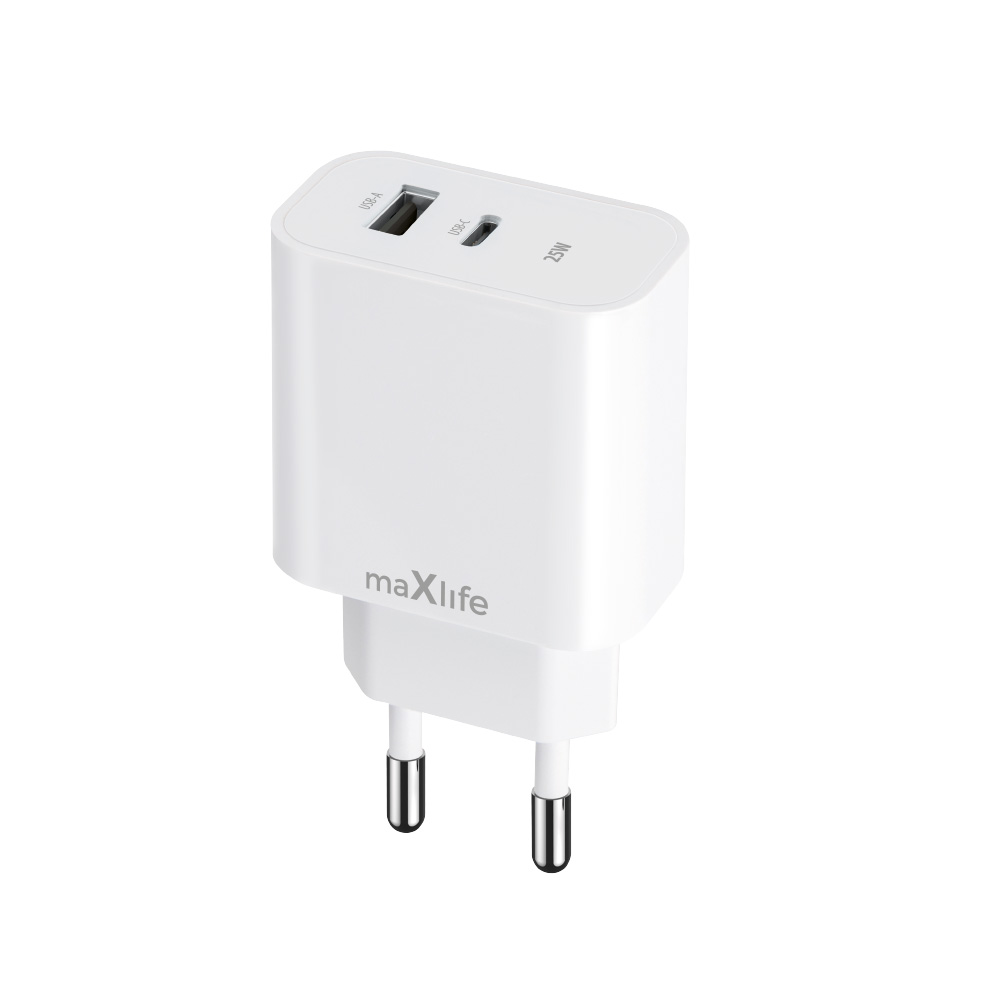 Maxlife MXTC-06-25AC PD QC lādētājs 1x USB-C 1x USB 25W balts
