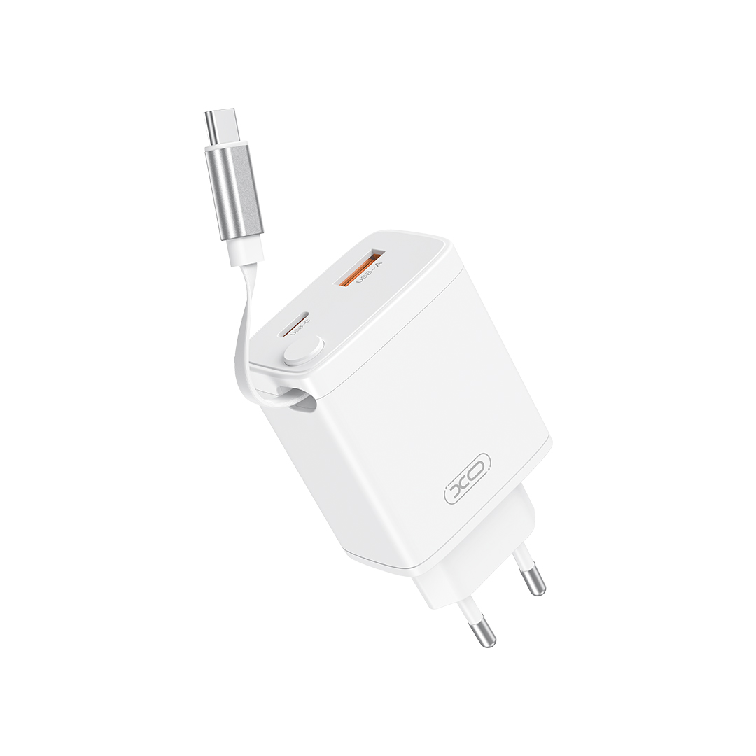 XO wall lādētājs CE31 1x USB 1x USB-C 30W balts with retractable USB-C kabelis