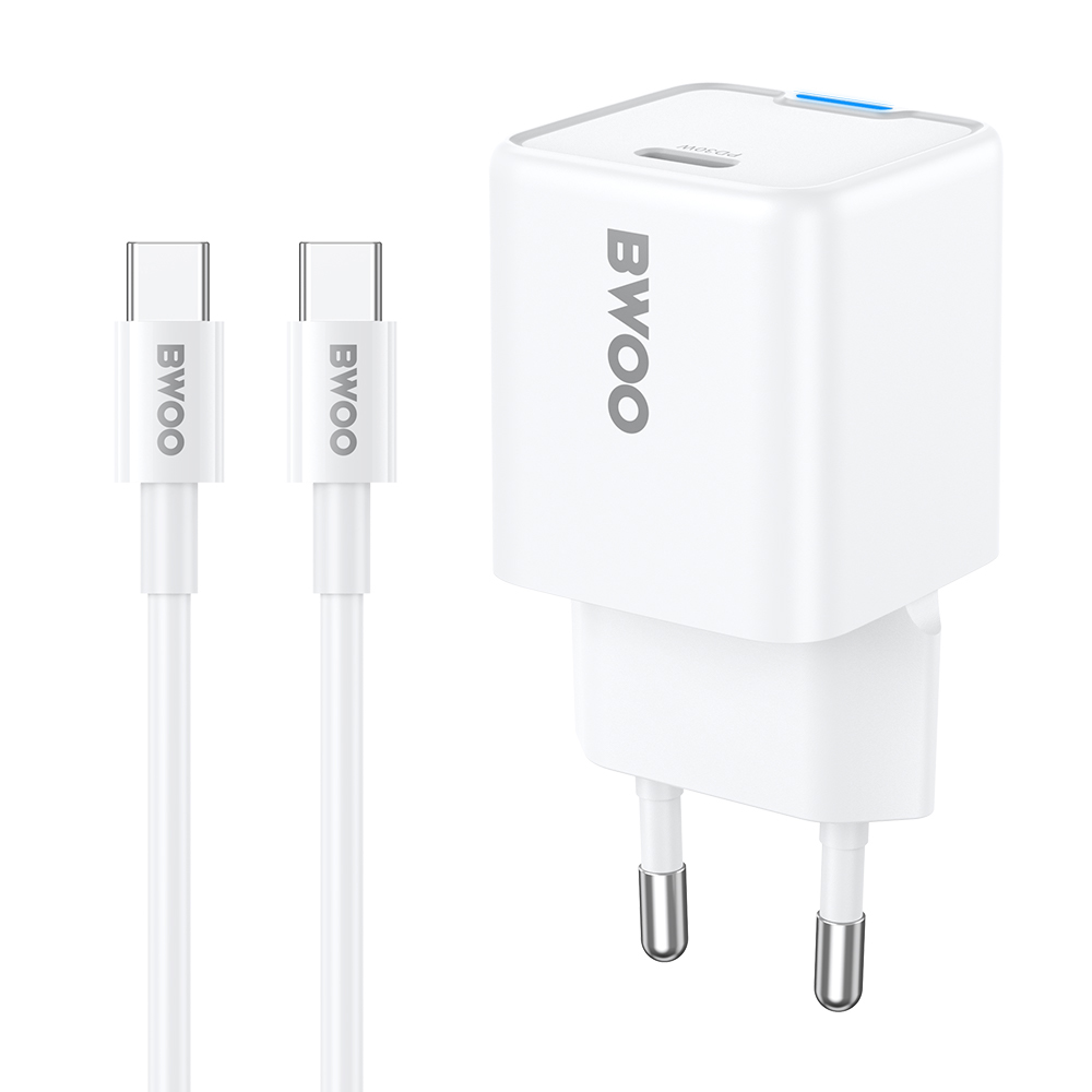 BWOO GaN PD 30W wall lādētājs 1x USB-C port with 60W kabelis USB-C 2A balts